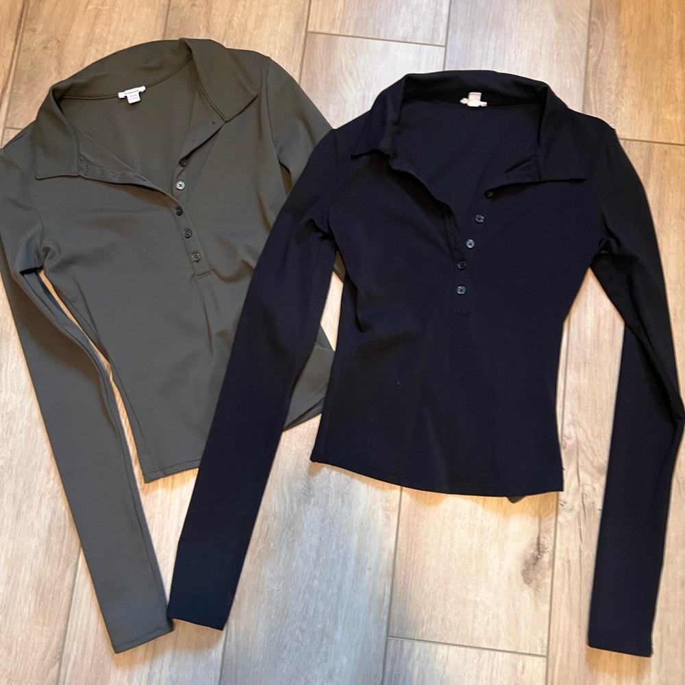 Long-Sleeve Henley Top - Olive Green & Black